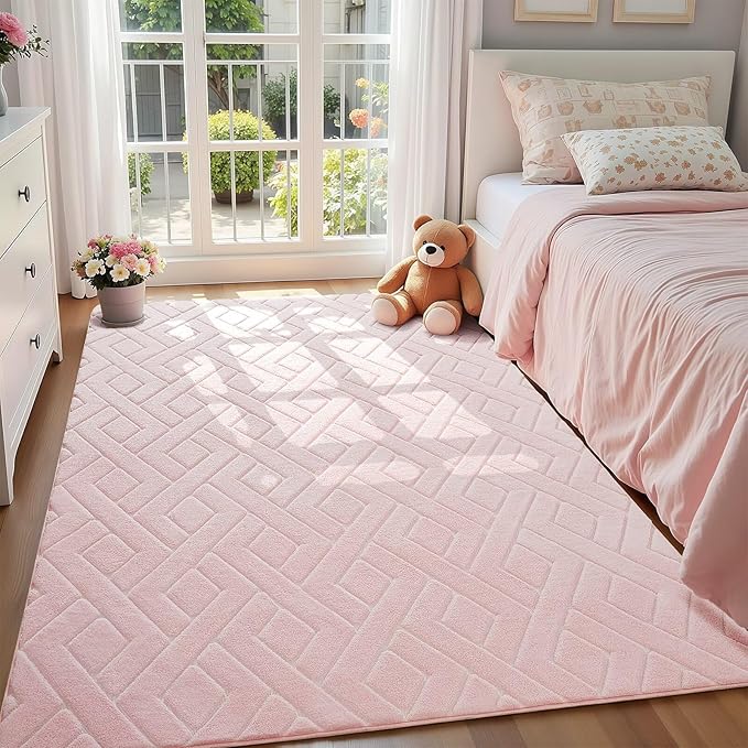 Macgace Ultra Soft Pink Area Rug for Girls Bedroom, 3x5 Modern Geometric Shag Rugs with Nonslip Backing for Living Room, Washable Fuzzy Carpet for Cozy Kids Room Nursery