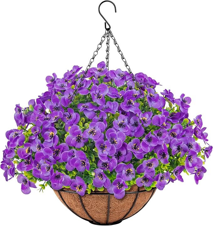 Artificial Hanging Flowers with Baskets for Outdoors, Fake Silk Pansy Flowers UV Resistant Faux Hanging Plants for Front Porch Patio Yard Home Spring Summer Decoration, Purple