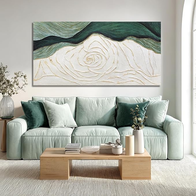 Dolidoteart Hand-Painted Green Abstract Wall Art Canvas, Large 29x58 Inch Modern Textured Floral Artwork for Living Room, Bedroom, Office, Hallway Home Decor