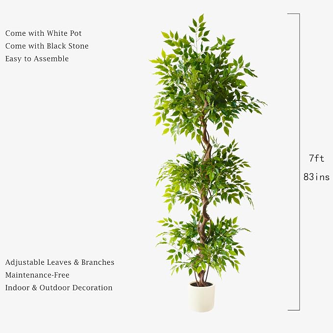 7ft Artificial Ficus Tree, 83" Tall Fake Plant with Natural Curved Trunk, Faux Ficus Floor Plants for Home Living Room Office Garden Balcony Decor Indoor