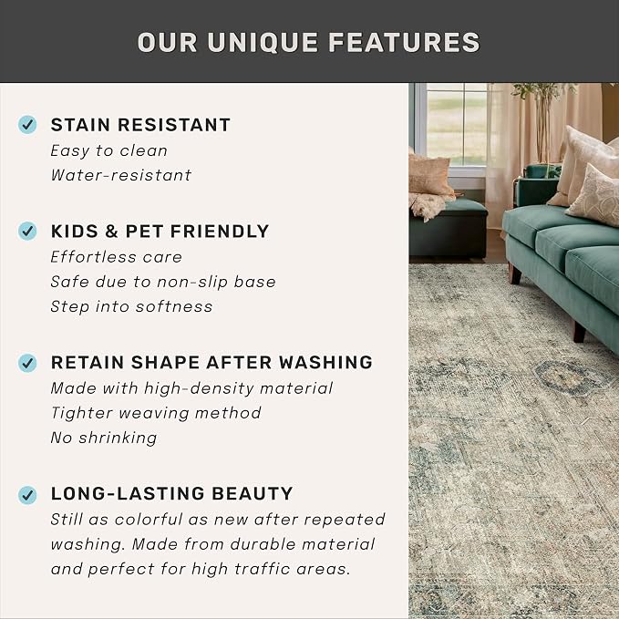 Neutral Abstract Area Rug for Living Room - 5x7 Washable Rug for Large Entryway, Mudroom, Home Office, Moss Cool Green Modern Contemporary & Non Skid Thin Décor