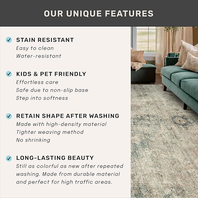 Moss Green Area Rug for Living Room – Washable 7x9 Rustic Farmhouse Carpet for Dining Room, Bedroom Under Bed, Non-Slip with Rubber Backing & Stain Resistant, Medallion Abstract Design