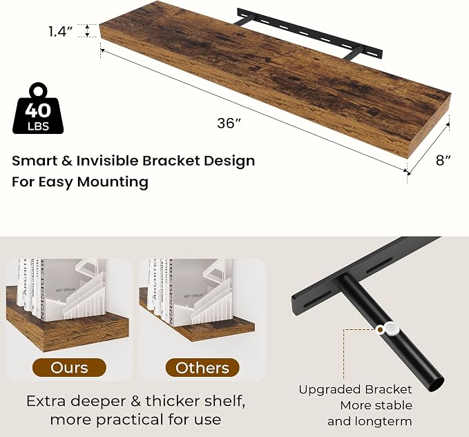 Dreamland 36Inch Floating Shelves for Wall 8" Deep Rustic Brown Set of 2 | Wall shelves for bathroom, bedroom, kitchen, deep wall mount wood storage display for home decor 36" x 8"