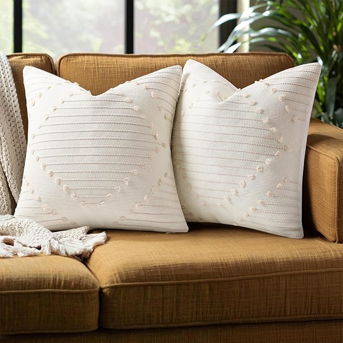 Mecatny Boho Summer Outdoor Throw Pillow Covers 18X18 Set of 2, Farmhouse Decorative Pillow Covers for Couch Sofa Living Room, Beige & Cream White