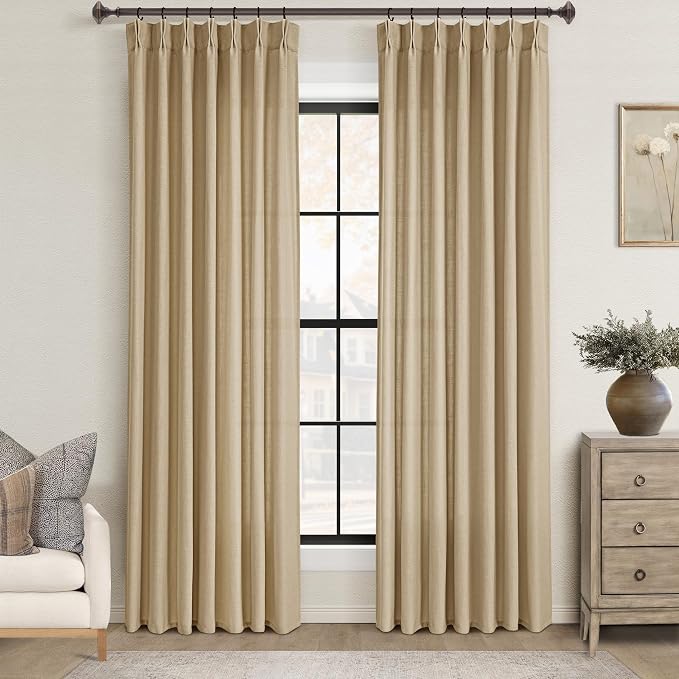 Tan Curtains 90 inches Long 2 Panel Set for Living Room Camel Beige Rustic Farmhouse Pinch Pleated Drapes Memory Trained Light Filtering Linen Curtain with Pinch Pleat Clips 90" Length Kahki