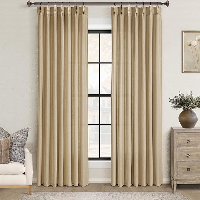 Tan Curtains 108 inches Long 2 Panel Set for Living Room Camel Beige Rustic Farmhouse Pinch Pleated Drapes Memory Trained Light Filtering Linen Curtain with Pinch Pleat Clips 108" Length Kahki