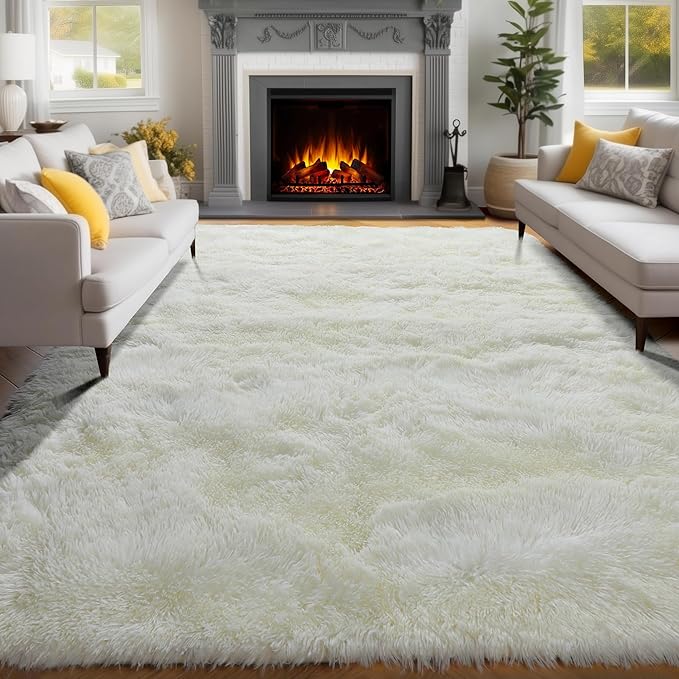 PAGISOFE White Fluffy Shag Washable Area Rugs for Living Room 5x7 Ft,Cream White Soft Shaggy Rugs for Bedroom,Office Ivory Carpet Boys Girls Dorm Pastel Rug for Kids Room Home Decor Aesthetic