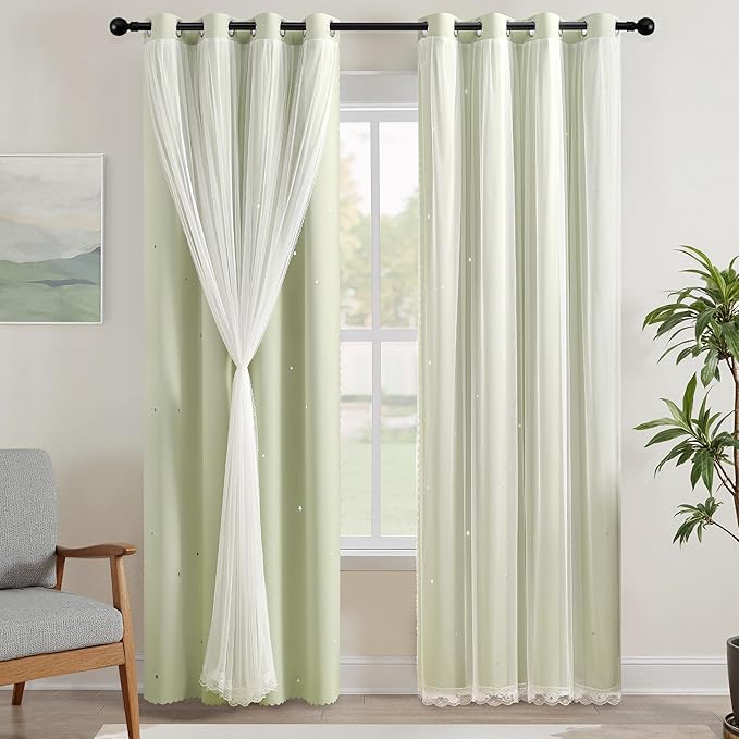 XiDi Sage Green Blackout Curtains for Bedroom Living Room 84 Inches Long Room Darkening Thermal Insulated Drapes Window Treatment Grommet Top Light Blocking Star Curtains for Kids Boys 2 Panels 34x84