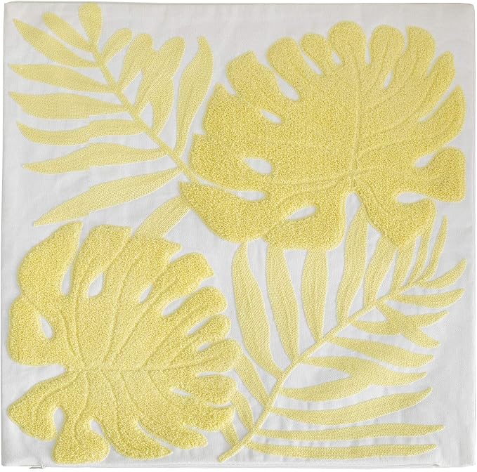 Embroidery Throw Pillow Covers 18x18 Floor Pillow Cover for Couch Bed Room Chair 100% Cotton Loop Embroidered Light Yellow Tropical Leaves Cushion Cover Square Pillow Case 45x45cm, 1 Piece