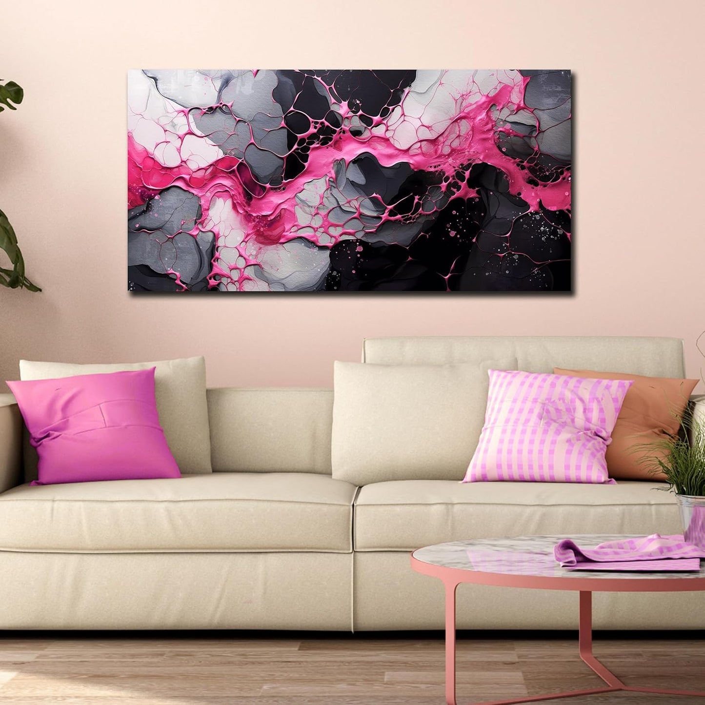 GUGIKA Pink Wall Art for Living Room, Abstract Canvas Wall Decor for Bedroom Decor, Modern Print Paintings, Size 24x48 Inches