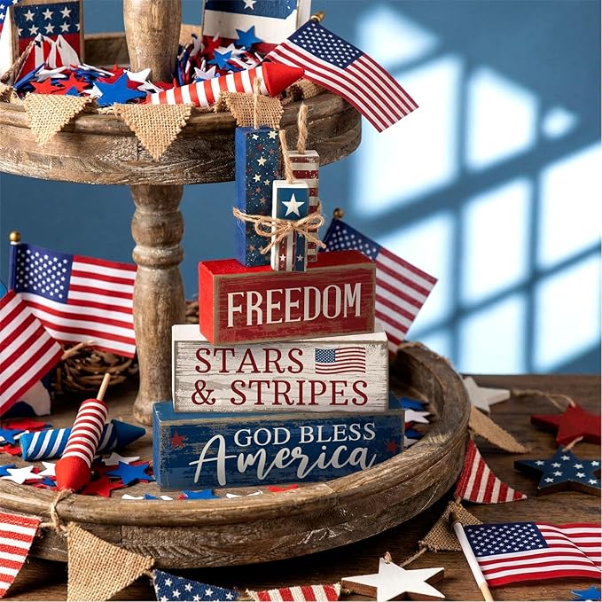 CroBlissful 4 Pcs 4th of July Decorations Patriotic Memorial Day Tabletop Decorations Red White Blue Table Centerpieces Sign for Office Tiered Tray Home Shelf 250th Anniversary(Freedom)