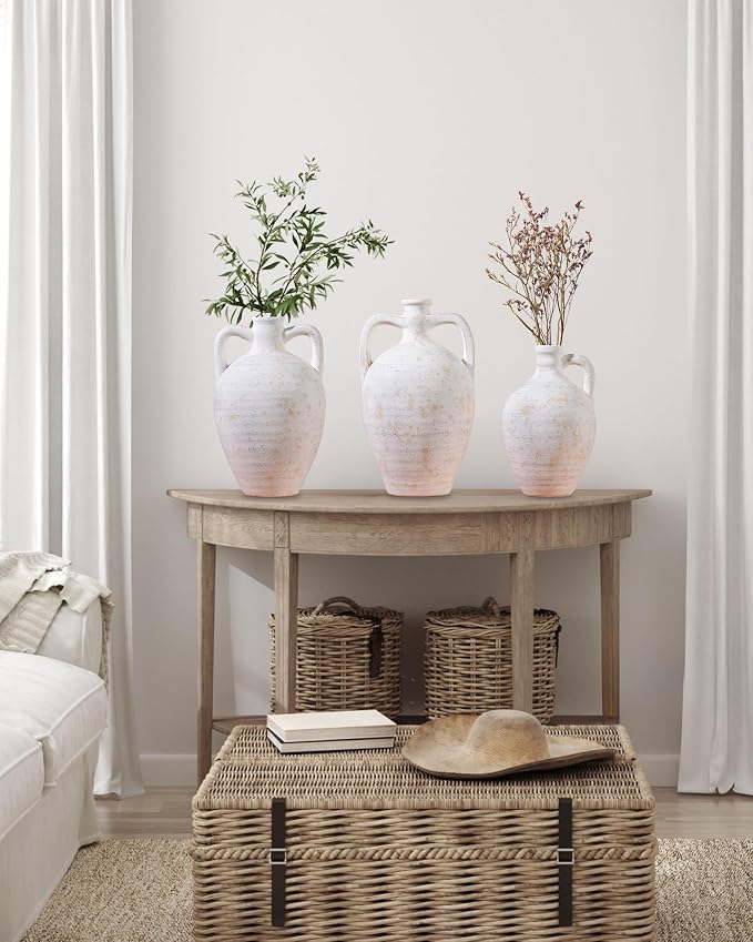 UPWOIGH 9.8in Ceramic Flower Vase with Handles | Off-White Finish, Handcrafted Weathered Texture, Rustic Farmhouse Style, Table Shelf Living Room Décor