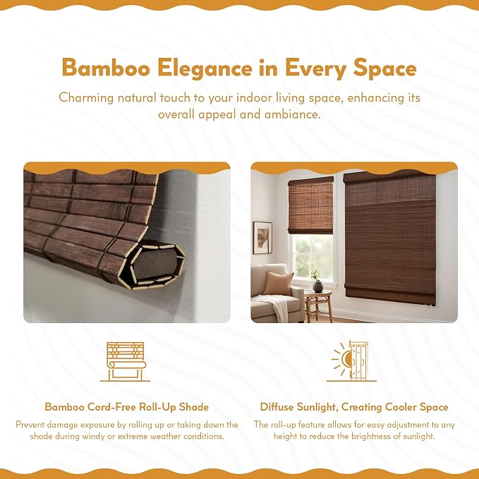 Radiance Cordless Bamboo Roman Shades for Windows - Flatstick Bamboo Blinds for Semi-Private Light Control - Easy to Lift & Fold Up Window Shades - Cocoa - 27 in. W x 64 in. L - (2216302E)