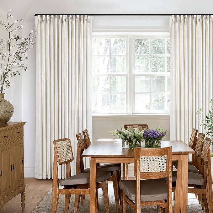 90 Inch Pinch Pleated Linen Curtains 2 Panel Set for Living Room Cream Natural Thick Linen Textured Drapes 90 Inches Long Pinch Pleat Drapes Birch Ivory Semi Sheer Curtain for Dining Bedroom Office