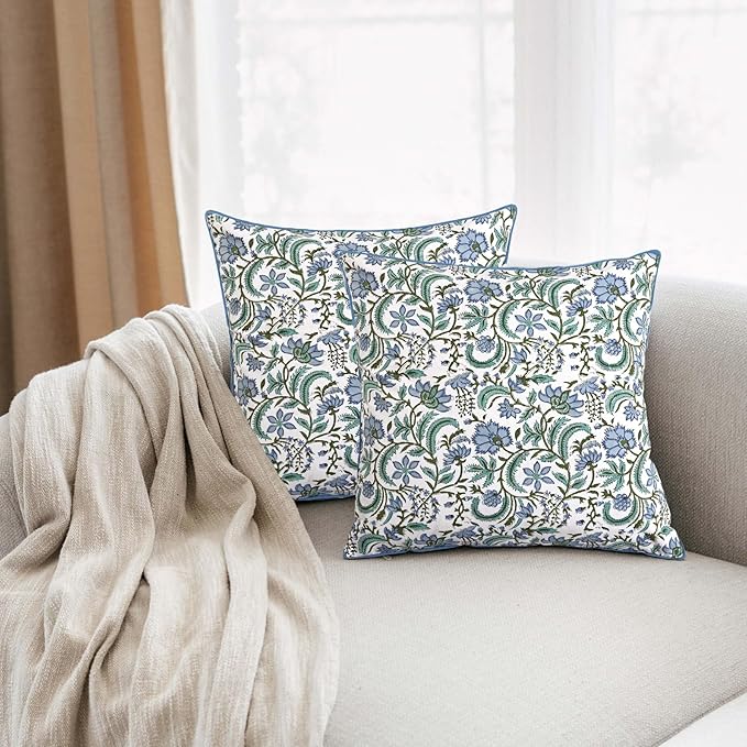 Ridhi Block Print Columbia Blue Pillow Cover 16" x 16" (Pack of 2) Decorative Couch Pillows for Living Room, Chic Boho Cute Outdoor Pillows Covers Gifts for Spring, Easter and Valentine