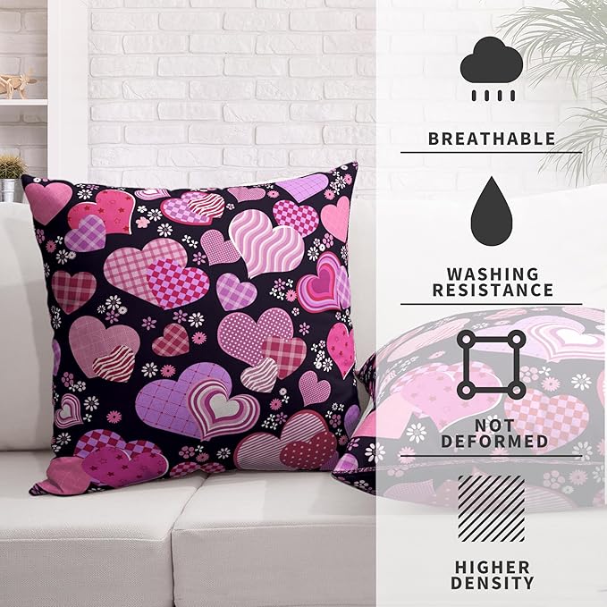 Pink Hearts Pillow Covers 18x18 Pack of 2 Pink Purple Hearts Flowers Throw Pillow Covers Pink and Black Cushion Case Cotton Linen Pillowcase for Couch Sofa Patio