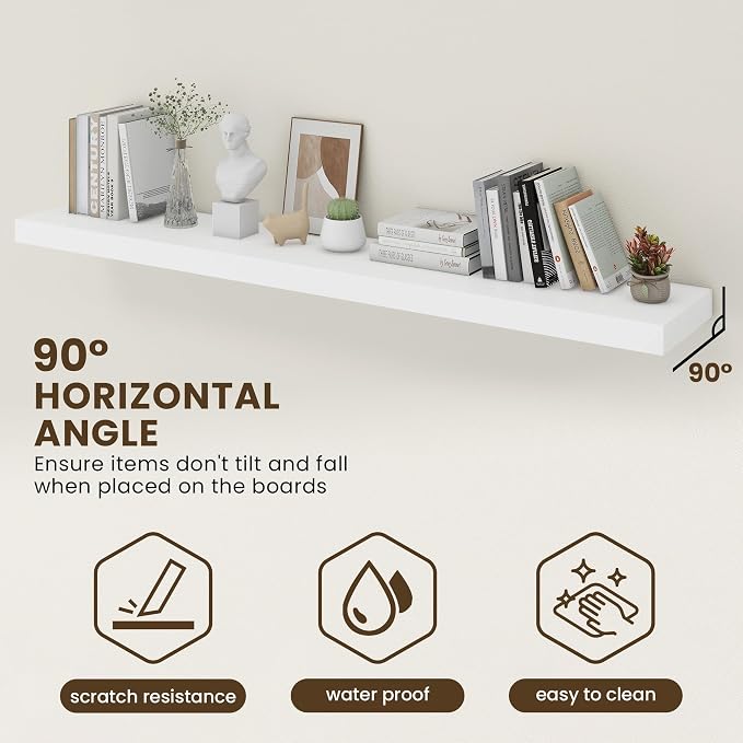 FLYJOE 72 Inch Floating Shelves | 12 Inch Deep White Floating Shelves Set of 2 | 72" W x 12" D Rustic White Wood Wall Shelves for Bathroom Living Room Kitchen Laundry Room