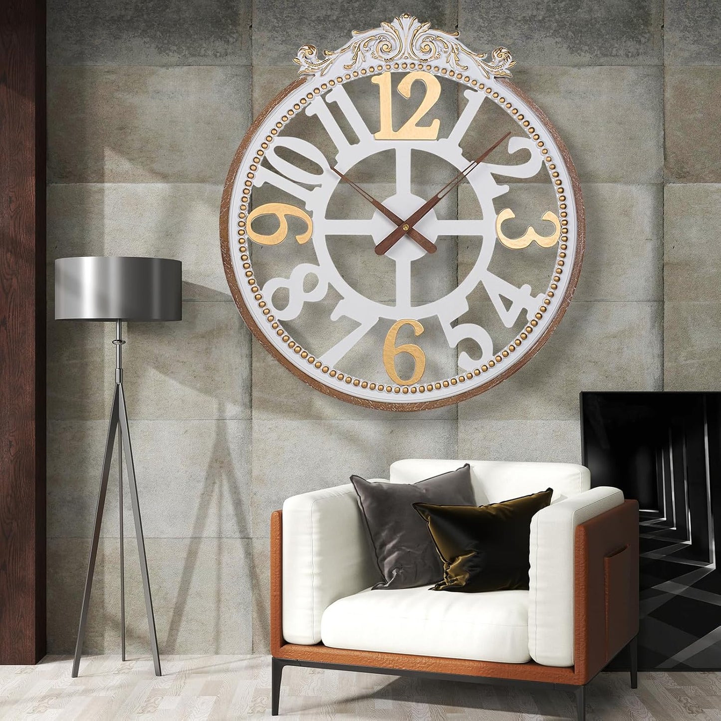 Wall Clock Farmhouse -Large 24 Inch Round Wall Clock for Living Room Decor,Rustic Wooden Big Hanging Clock with Decorative Engraved Numerals, Silent Battery Operated for Kitchen Bedroom Living Room