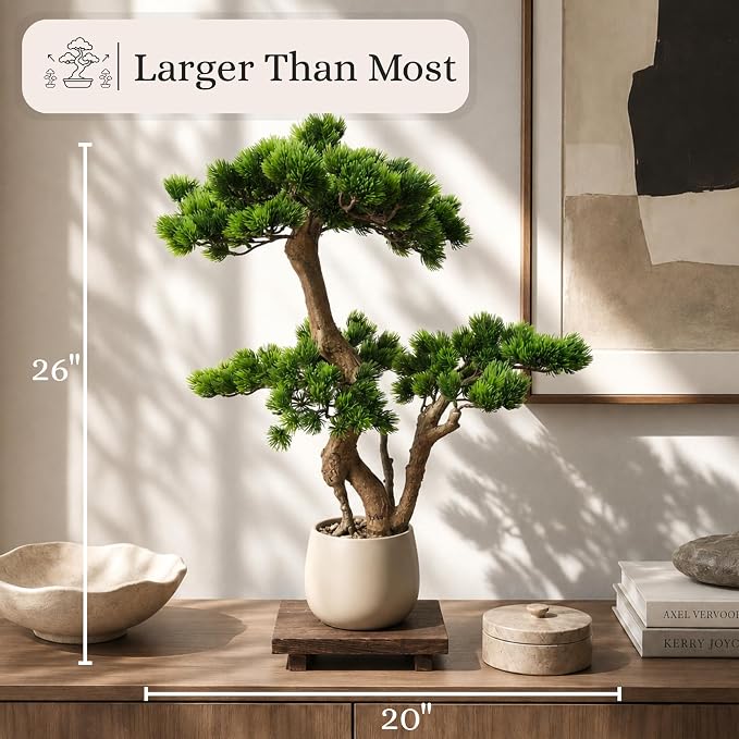 Artificial Bonsai Tree 26" Tall with Realistic Wood and Ceramic Pot, Fake Plants for Home, Bedroom and Office Desk, Japanese Decor