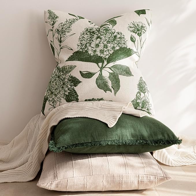 Foindtower Set of 2 Linen Floral Throw Pillow Covers Neutral Vintage Print Decorative Cozy Cushion Covers Farmhouse Boho Home Decor for Sofa Chair Couch Bedroom Living Room,20×20 Inch,Dark Green