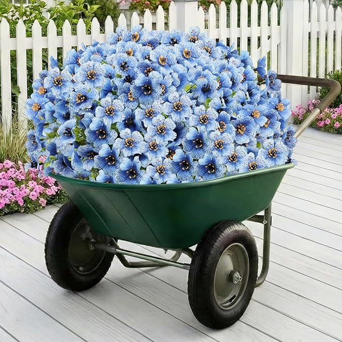 Artificial Flowers Fake Plants for Outdoors Spring Decoration, 13Bundles Silk Realistic UV Resistant Faux Flowers for Outside Planter Porch Yard Patio Garden Home Indoor, Blue