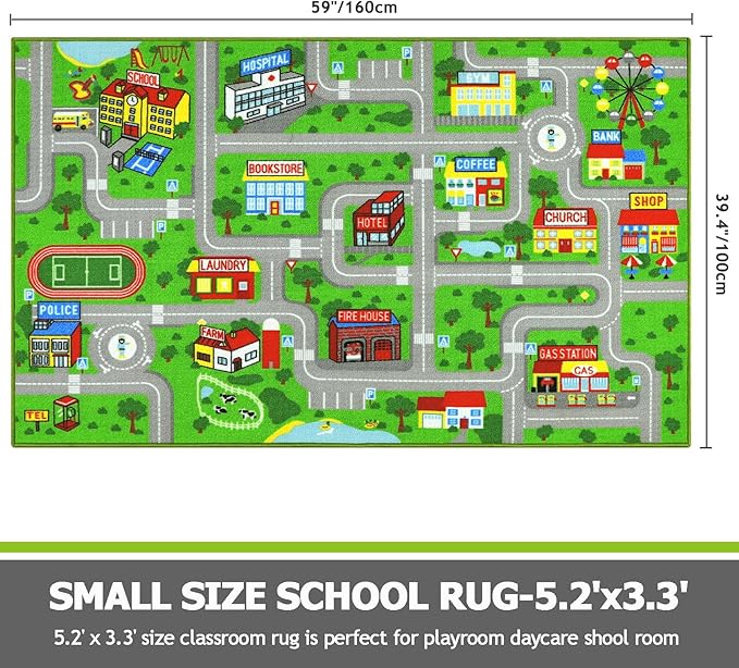 Capslpad Green Car Road Kid Rug Carpet Playmat for Playoom Traffic Road Kids Play Mat for Toddler Non Slip Washable City Map Race Track Carpet Rug for Kids Room Bedroom Nursery Room Decor,5.2'x3.3'