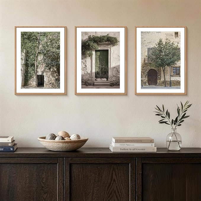 HOURIA Vintage Italy City Landscape Framed Canvas Wall Art Set,Sage Green Olive Tree Old House Wall Decor,Modern Mediterranean Country Cityscape Artwork for Living Room,Bedroom,Farmhouse-12 x16 x3