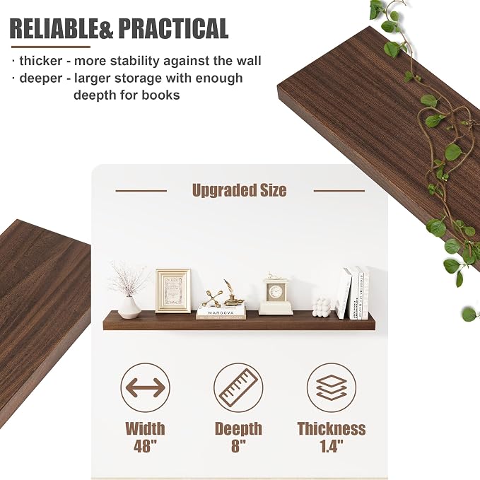 FLYJOE Floating Shelves for Wall, USA-Sourced Sapele Wood 48 Inch Long Wall Shelves, Natural Wooden Mounted Picture Ledge Shelf, Nursery Book Storage Shelf Kids Bookshelf, Display Shelf for Bathroom