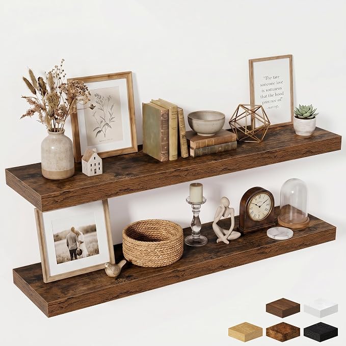 55 Inch Floating Shelves for Wall - 12 Inch Deep Fireplace Mantel Shelf - Wood Floating Shelf for Wall - Large Storage Shelves Wall Mount for Living Room & Bedroom - Rustic Brown - Set of 2