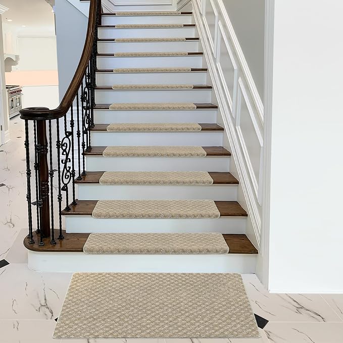 PURE ERA Bullnose Carpet Stair Treads Tape Free Non-Slip Indoor Stair Protectors Pet Friendly Stair Treads for Wooden Steps 9.5" x 30"(7 Pieces,Cream Gray Mini-Diamond Trellis)