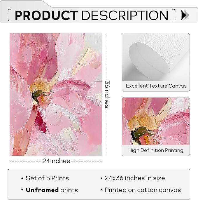 Abstract Floral Wall Art Pink Flower Canvas Pictures Modern Wall Decor Blush Pastel Pink Prints Peony Painting Minimalist Poster Botanical Artwork for Bedroom Living Room 24x36 Inch Unframed set of 3