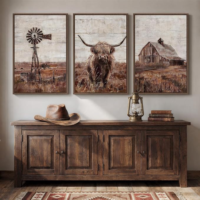 Framed Highland Cow Wall Art for Living Room, Set of 3 Pieces Modern Farmhouse Canvas Prints, Brown Rustic Country Barn Wall Decor for Bedroom Dining Room Hallway 20x30 Inch