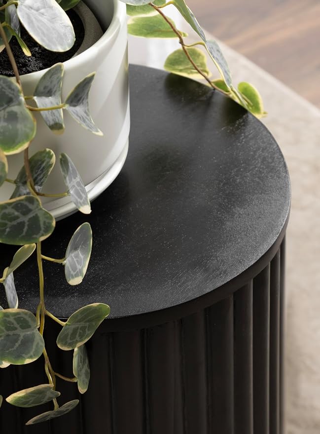 Kate and Laurel Reid Modern Wooden Ribbed Drink Table; 10 x 10 x 22; Black; Solid Wood Mini Table for Use as Pedestal Plant Stand Indoors or Small Nightstand Option