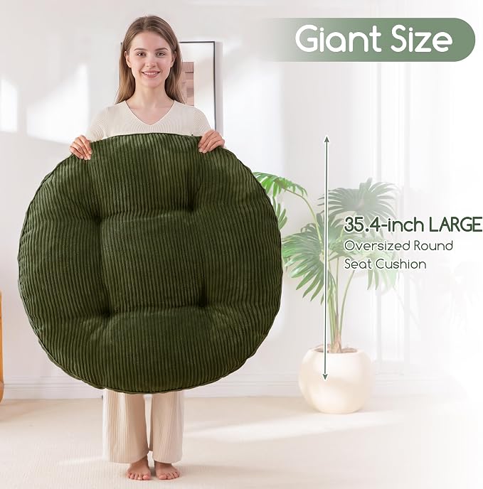 HIGOGOGO 35" Floor Pillow Cushion for Adults, Meditation Cushion Pillow, Extra Large Square Floor Sitting, Tufted Corduroy Cover for Tatami Living Room or Yoga, Dark Green