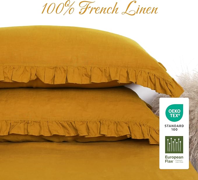 Linen Ruffled Pillow Cases,100% French Natural Linen Pillowcase Set of 2,Decorative Boho Pillow Cases Ruffle Bedding King Size (20''x40''),Yellow