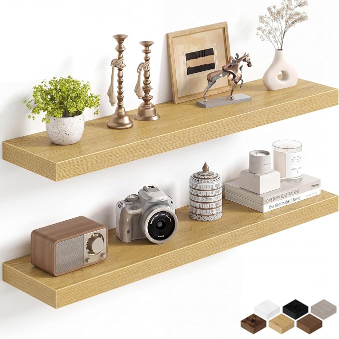 Fun Memories 36Inch Floating Shelves for Wall, 8 Inch Deep Shelves for Bathroom|Bedroom|Kitchen, Large Wall Mounted Wood Hanging Shelf with Invisible Brackets for Home Storage Decor, Oak - 2 Pack