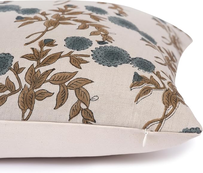 Linen Blue Throw Pillow Covers 20x20 inch Floral Pillows Spring Decorative Pillow Covers for Living Room Bedroom