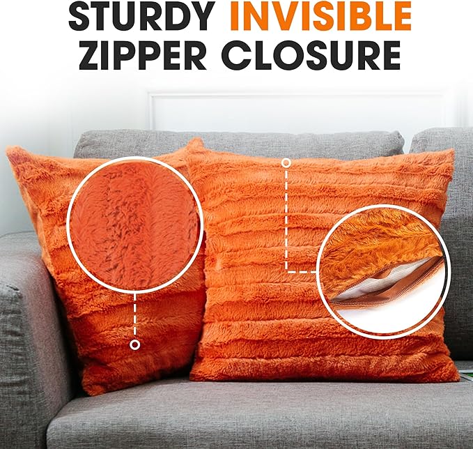 Cheer Collection Fall Decorative Throw Pillows for Couch – Set of 2 Faux Fur Fall Pillows for Couch, Cozy Fall Couch Pillows for Living Room or Bed, Soft, Rust Accent Pillows, 24" x 24"