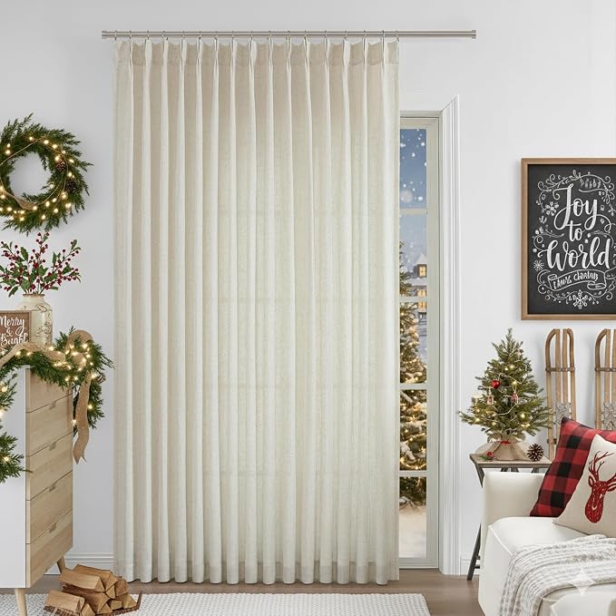 Vision Home Natural Pinch Pleated Semi Sheer Curtains Textured Linen Blended Light Filtering Window Curtains 95 inch for Living Room Bedroom Patio Pinch Pleat Drapes with Hooks 1 Panel 84" Wx95 L