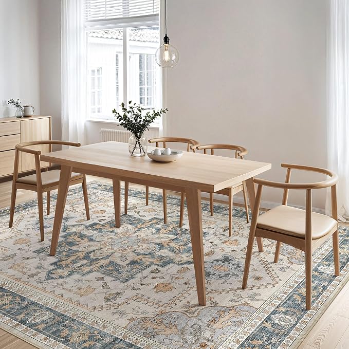 Tortania Area Rug Living Room Rugs - 9x12 Washable Boho Rug Vintage Oriental Distressed Farmhouse Large Thin Indoor Carpet for Living Room Bedroom Under Dining Table Home Office - TealTaupe