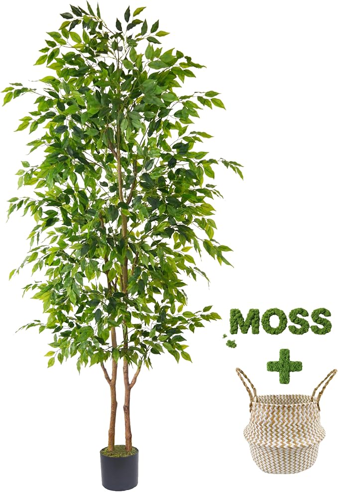 Warmplants 8ft Artificial Ficus Tree, 96” Realistic Ficus Leaves Large Fake Plant with Basket, Indoor Outdoor Potted Faux Tree for Home Garden Office House Livingroom Décor
