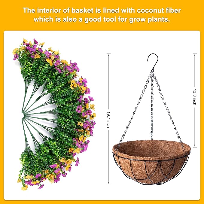 INXUGAO Artificial Silk Spring Flowers Hanging Basket for Outdoor Indoor, Daisy with Eucalyptus Leaves Arrangement for Yard Decor, Faux Green Plant in Metal Coconut Lining Pot(Purple Yellow)