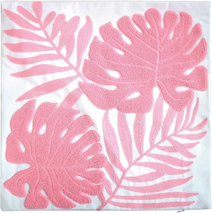 Embroidery Throw Pillow Cover 18x18 Home Decor Floor Pillow Cover for Couch Sofa Chair 100% Cotton Loop Embroidered Pink Tropical Leaves Cushion Cover Square Pillowcase 45x45cm, 1 Piece