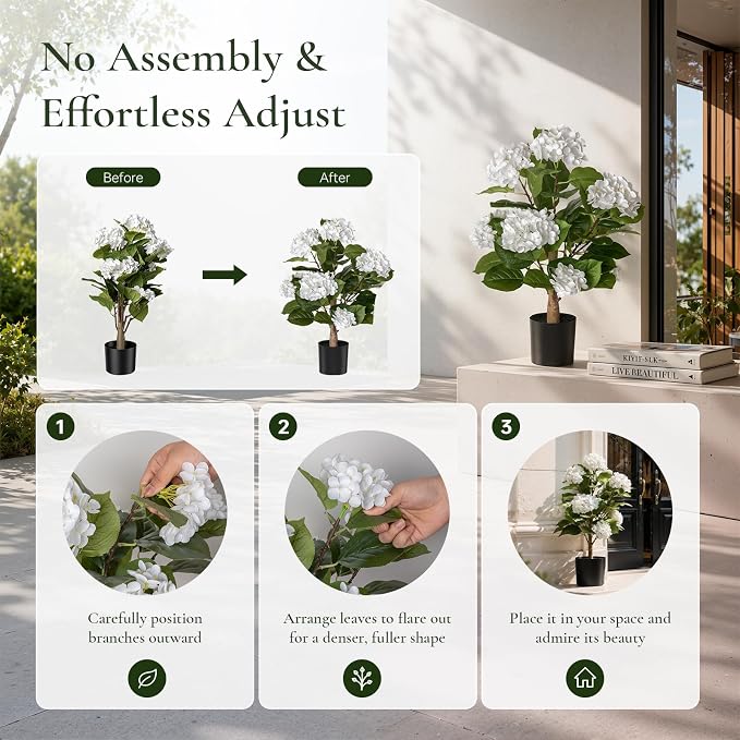 Artificial Hydrangea Flowers Tree for Outdoors, Sturdy 2FT Fake Plants with Weighted Pot, UV Resistant White Artificial Flowers for Front Porch & Home Decor, 2 Pack