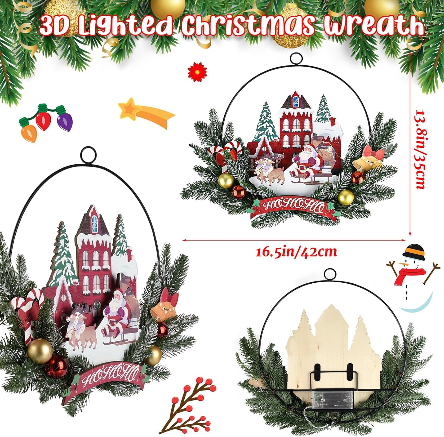 Light up Christmas Wreaths for Front Door, Welcome Metal Wooden Door Wreath Decor Hanging Sign, 30 LED Lighted Wall Decor Battery Operated for Halloween Indoor Outdoor (Santa Claus)