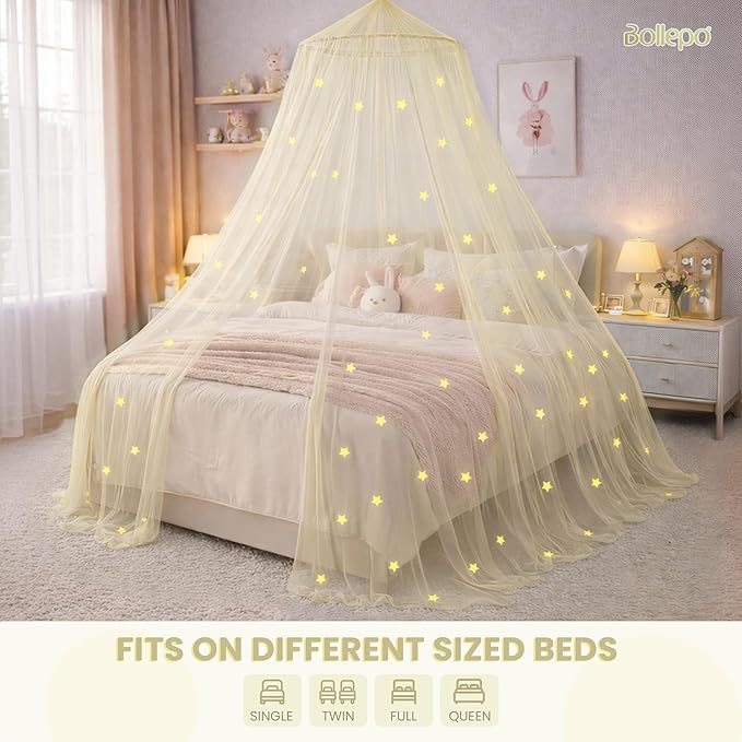 Bollepo Yellow Bed Canopy for Girls with Glowing Stars - Princess Yellow Baby Canopy for Bed, Netting Room Decor, Ceiling Tent, Canopy | Single, Twin, Full, Queen Size Kids Bed