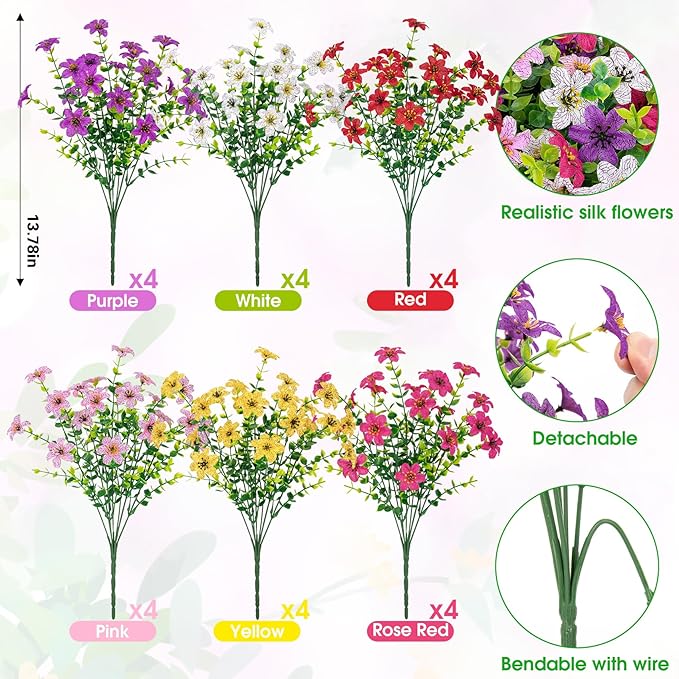 Ouddy Decor 24 Bundles Artificial Flowers for Outdoors Fake Silk Flowers Faux Plastic Plant UV Resistant for Spring Summer Porch Garden Yard Planter Wedding Indoor Outdoor Home Decoration, Multicolor
