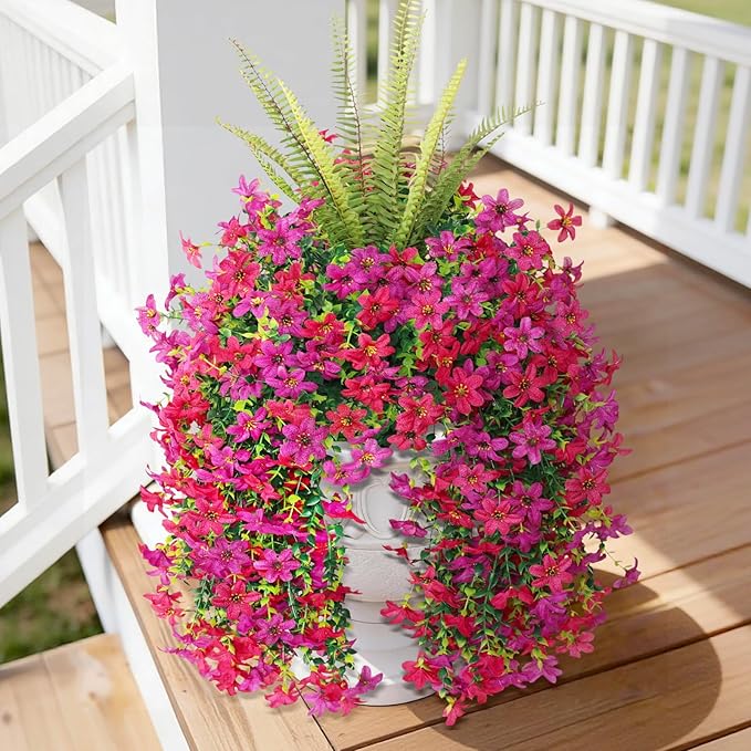 Artificial Fake Flowers Plants for Outdoor Decoration,3 Pcs Faux Hanging Flowers with Boston Ferns Spring Summer Decor,UV Resistant Realistic Fake Silk Flowers for Planter Balcony Yard Porch Garden