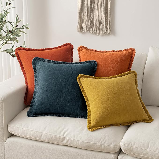 MIULEE Decorative Lumbar Throw Pillow Covers Neutral Linen Fringe Throw Pillows Set of 2 Mustard Yellow Boho Farmhouse Cushion Covers for Couch Sofa Bed Living Room Spring Home Decor 12x20 Inch