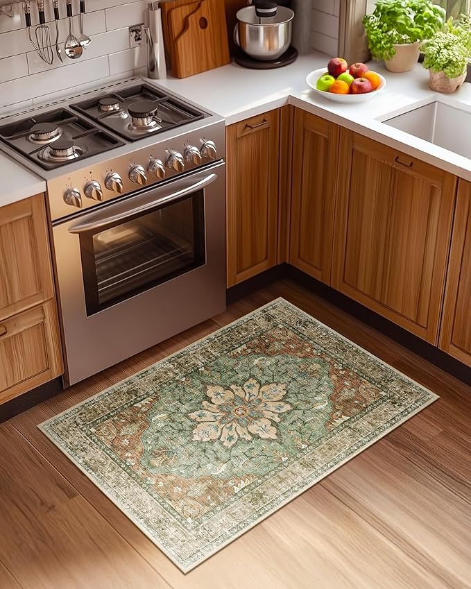 RELEANY Area Rugs 2'6''x4' Kitchen Rugs Entry Rug Small Rugs for Entryway Kitchen Bathroom Door Mat Indoor Entrance,Washable Non Slip, Brick Red Rust Neutral Brown Burnt Orange Green
